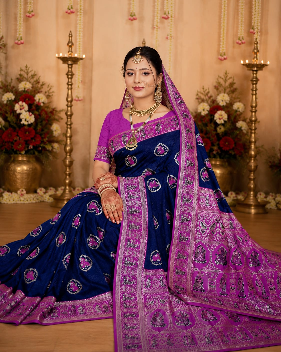 IDENTIQA Premium Krishma Leela Navy ablue Bishnupuri Silk Saree